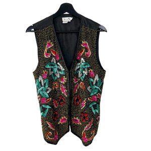 Vintage 90s Spiegel Black Beaded Sequin Floral Vest Large